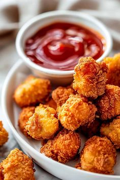 some fried food on a white plate with ketchup in the bowl next to it