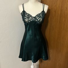 Nwot Victoria’s Secret Emerald Green Satin Slip Dress With Lace Bust And Adjustable Straps Size Medium. Details And Measurements In Pics. Cheap Purple Playwear Dress, Emerald Green Night Dress, Satin Dresses Slip, Silk Slip Nightgowns, Slip Dress Pajama, Slip Dress Nightgown, Fitted Nightgown For Night, Coquette Camisole Dresses For Night Out, Elegant Green Night Sleepwear