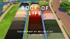 an aerial view of the roof of a building with text that reads roof of life custom roof by heliokrat - 34 swatches