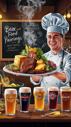 a painting of a chef holding a platter full of food and beer in front of a chalk board