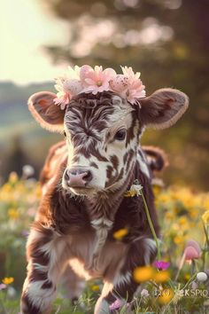 a baby cow wearing a pink flower crown in the middle of a field full of wildflowers