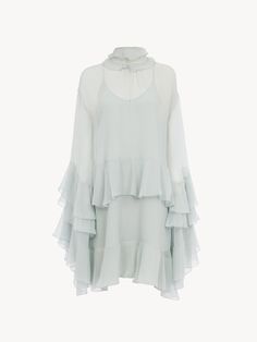 Chloé Mini Ruffled Dress In Silk Mousseline | Chloé US Ruffled Silk Dress, Dress Outer, Chloe Clothing, Asymmetrical Shirt, Chloe Dress, Ruffled Dress, Summer Fabrics, Blouse Dress, Ruffle Dress