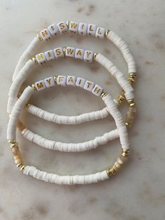 His Will, His Way, My Faith -  thin Heishi Bracelet set with accents of mother of pearl Heishi  Sizes  xs/ Small 6.5 Medium 7 Large 7.5 x large 8 Clay Bracelets, Heishi Bracelet, Study Plans, Faith Bracelet, Bracelet Inspo, Word Bracelet, Clay Bracelet, Jewelry Words, Beadable Products