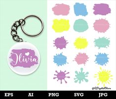 personalized keychain with paint splatters and the name julia on it