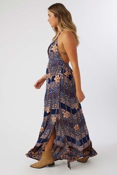 A flowy, low back maxi dress that wears well in any situation. O'Neill Women's maxi dress 55.5" in length Halter neck, front hem Side slits 100% Viscose crinkle Cheap Vacation Dresses, Cheap Summer Maxi Dress, Cheap Sundress Maxi Dress For Day Out, Knot A Maxi Dress, Dresses For Mexico Vacation For Women, Long Hobo Dress, Flowy Maxi Skirt, Flowy Maxi Skirts, Halter Maxi Dress