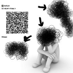 a person sitting in front of a qr code with two arrows pointing up at them