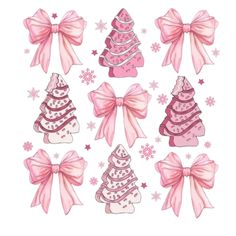 pink christmas trees with bows and snowflakes on the top one is drawn in watercolor