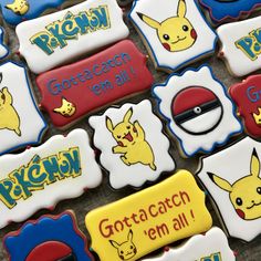 decorated cookies with pokemon sayings on them