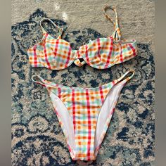 Gingham Print So Colorful And Cute Never Worn, Perfect Condition Adjustable Straps And Tie Underwire Top All Bikinis Will Be Washed Before Shipment Underwire Top, Outfit Styles, Gingham Print, Womens Swim, Gingham, Adjustable Straps, Swimming, Fashion Outfits, Pink