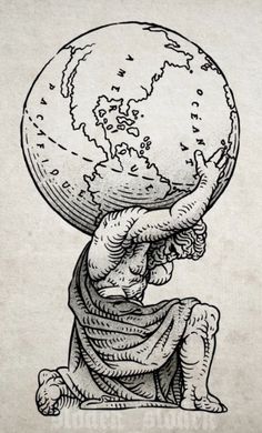 a drawing of a man holding the world on his back