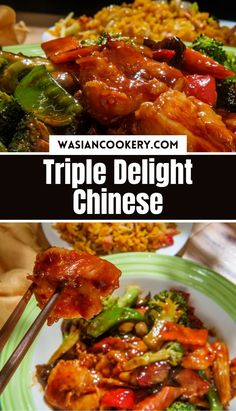 two pictures with different types of food on them and the words triple delight chinese written below