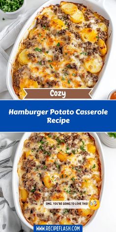 two images showing how to make hamburger potato casserole in the oven and on the table