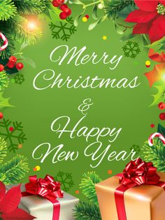 merry christmas and happy new year greeting card with presents on green background, surrounded by holly branches