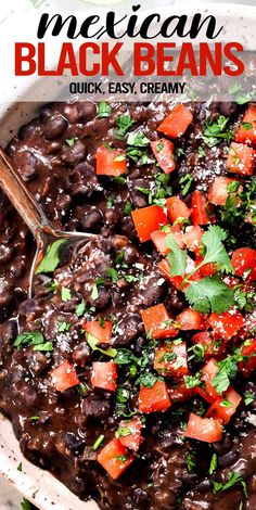 mexican black beans in a white bowl with a spoon