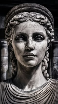 a statue of a woman with braids on her head and hair in the background