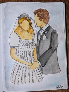 a drawing of a bride and groom standing next to each other