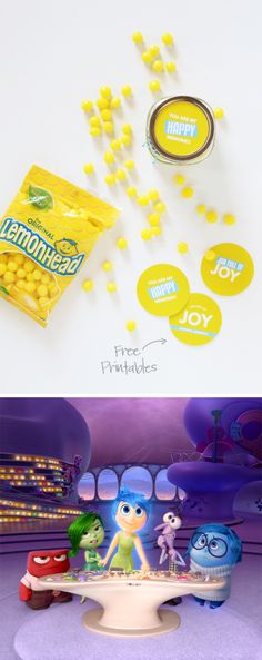 two pictures with candy and candies on them, one has yellow candies in it