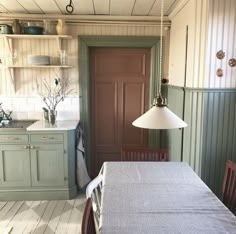 the kitchen is clean and ready to be used for dinner or lunchtime, with no one in it