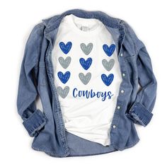 "Cowboy Nation! Need a shirt for game day? This Cowboys Hearts tee is unique and so cute for any football fan or tailgating!  This soft cotton short sleeve tee is unisex (not fitted) and fits true to size. Soft cotton and quality print will make the buyer fall in love with it over and over again. These t-shirts are very comfortable and will make a great gift for her. ❤︎This shirt is so comfy, it will become your \"go to\" ❤︎When you wear this shirt, be prepared for compliments Product Details: ⇨Cotton or Poly/Cotton blend ⇨Light weight shirt ⇨Unisex fit - these are relaxed, not fitted. However if you want an oversized fit, size up ⇨Please look at the photo of the sizing chart for reference Care Instructions: ✔︎Turn garment inside out before wash ✔︎Wash with cold water  ✔︎Do not dry clean/ Dallas Cowboys Shirt Ideas, Cowboys Outfits, Cowboys Game Day, Cowboy Nation, Dallas Cowboys Outfits, Dallas Cowboys Shirt, Christmas Cowboy, Dallas Cowboys Shirts, Cowboy Games