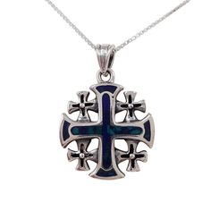 💖 This gorgeous 925 Sterling Silver Jerusalem cross pendant adorned with green-blue energetic Lapis Lazuli.  Is intended to give a protection, deep energy cleaning, bringing healing and positive transformation to the wearer. Authentic handcrafted piece provided directly from the Holy Land. Handmade with the finest attention to detail. Simple, chic, minimalist and elegant. Central large cross symbolizes Jesus and the four small crosses on the sides represent the four Apostles who wrote the four Blue Sterling Silver Cross Necklace Gift, Blue Cross Pendant Necklace For Gift, Elegant Blue Cross Pendant Jewelry, Blue Sterling Silver Cross Pendant Necklace, Spiritual Blue Cross Pendant Necklace, Luxury Blue Cross-shaped Jewelry, Adjustable Blue Cross-shaped Jewelry, Crusader Cross, Sterling Silver Cross Pendant