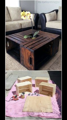 a coffee table made out of pallet wood and some sort of box sitting on top of it