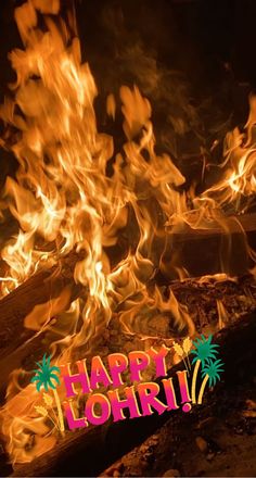 a fire with the words happy lohri written on it and flames in the background