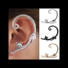 Gothic Cat Ear Cuff Cuffs At Top Of Ear, And Posts At Bottom Of Pierced Ears This Specific Post Is Towards The Silver Ear Cuff Bundle 4 Items And Send Me An Offer For $20 Sapphire Antique Ring, Single Cat, Cat Earrings Studs, Black Stud Earrings, Cat Post, Ear Cuff Earings, Ear Piercing, Cat Jewelry, Ear Cuffs