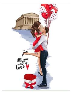 a man and woman are kissing in front of the lincoln memorial with balloons that read, all you need is love