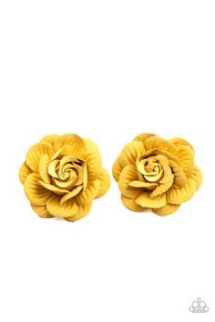 Featuring lifelike textures, papery golden yellow petals delicately gather into a pair of charming rosebuds. Each flower features a standard hair clip on the back.

Sold as one pair of hair clips. Yellow Petals, Yellow Textures, Teen Jewelry, Yellow Hair, Paparazzi Accessories, Paparazzi Jewelry, Golden Yellow, Yellow Roses, Yellow Rose