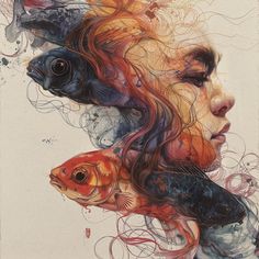 a woman's face and two fish in her hair, as she stares at the camera