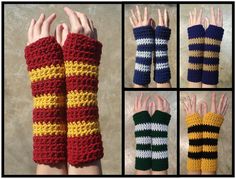 four different photos of hands with crocheted wrist warmers