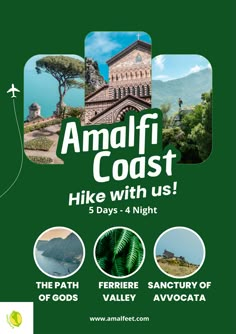 an advertisement for the amalff coast hike with us, featuring images of mountains and trees