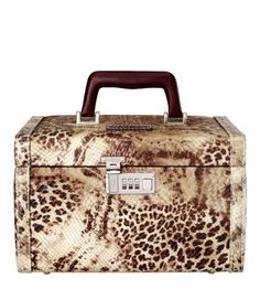 a brown and white animal print briefcase on a white background with the handle extended up