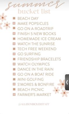 the summer bucket list is shown with pink flowers and brown lettering on it, along with an orange flower