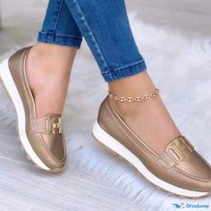 Orcajump - Classic Low-Top Casual Single Shoes with Thickened Sole and Round Toe Casual Gold Slip-on Flats, Casual Gold Synthetic Flats, Gold Synthetic Flats With Round Toe, Top Casual, Low Top, Heels