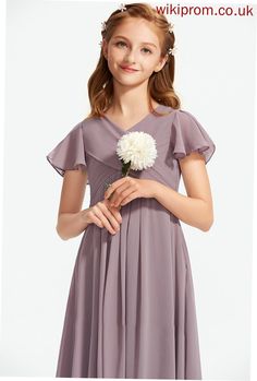 Sanaa Chiffon Junior Bridesmaid Dresses V-neck With Ruffle Floor-Length A-Line Silhouette:: A-Line Neckline:: V-neck Length:: Floor-Length Fabric:: Chiffon Embellishment:: Ruffle Straps:: Sleeves Sleeve:: ShortSleeves BackStyle:: ZipperUp FullyLined:: No Size:: General,Plus Season:: Fall,Spring,Summer This dress could be custom made, there are no extra cost to do custom size and color. Dresses Silhouette, Bridesmaid Dresses Floor Length, Prom Dresses Long Lace, Junior Bridesmaid Dress, Lace Beach Wedding Dress, Prom Dresses Two Piece, Two Piece Homecoming Dress, Bridesmaid Dresses Online, Piece Prom Dress