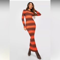 Boohoo Ombre Stripe Knitted Maxi Dress - Sweater Dress - Ribbed Dress - Extremely Stretchy - Nwot - Never Worn, No Tags Striped Fitted Maxi Dress For Fall, Fitted Orange Maxi Dress For Fall, Brown Ribbed Knit Dress, Brown Stretch Maxi Dress For Fall, Stretch Brown Maxi Dress For Fall, Casual Ribbed Maxi Dress For Fall, Fitted Orange Knit Dress, Trendy Orange Dress For Fall, Trendy Orange Fall Dress