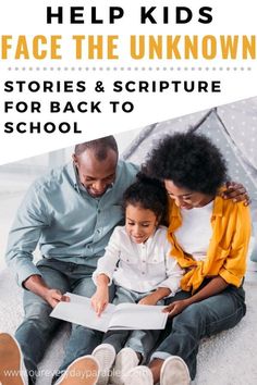 two adults and a child sitting on the floor reading a book with text that reads help kids face the unknown stories & sculpture for back to school