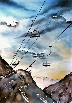 a painting of a ski lift in the mountains