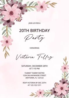 a birthday party with pink flowers and greenery in the center, on a white background