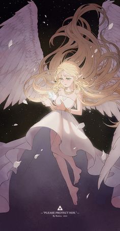 an anime character with long blonde hair and angel wings