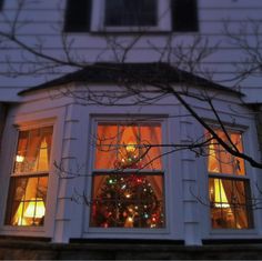 a christmas tree in the window of a house