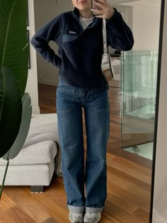 free people jeans pantagonia navy blue gray new balance Navy Blue Long Sleeve Outfit, Navy Fleece Outfit, Navy And Grey Outfit, Wide Leg Blue Jeans Outfit, Quarterzip Outfits, Navy Blue Aesthetic Outfit, Navy Blue Cardigan Outfit, Flare Jeans Outfit Winter