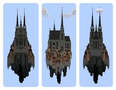 three different views of a castle in the sky