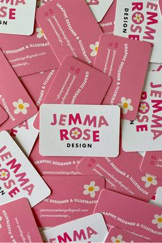 pink and white business cards stacked on top of each other with the name jenny rose written on them