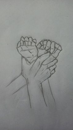 a pencil drawing of two hands holding something in each other's palm and fingers