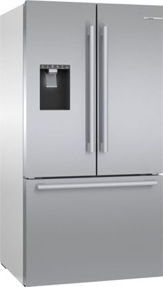 a silver refrigerator freezer sitting next to a white wall with an ice dispenser on the door