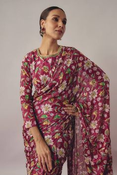 Maroon pre-draped saree with all over gardenia blossom print and hand embroidered detailing. Paired with a matching printed three fourth sleeves blouse. - Aza Fashions Traditional Pre-draped Saree With Floral Print, Transitional Pre-draped Saree With Floral Embroidery, Festive Pre-draped Saree With Floral Print And Traditional Drape, Festive Pre-draped Saree With Floral Print, Bollywood Style Festive Pre-draped Floral Saree, Festive Floral Pre-draped Saree, Traditional Fitted Pre-draped Saree With Floral Print, Festive Floral Print Pre-draped Saree, Traditional Pre-draped Saree With Floral Print For Designer Wear