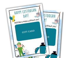 two gift cards with the words happy custodialan day written in blue and green