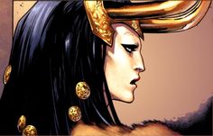 an image of a woman with horns on her head and gold jewelry around her neck